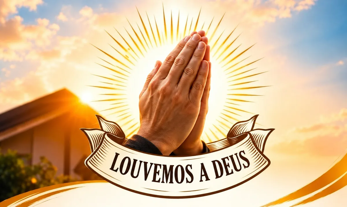 Mãos em oração com a mensagem Louvemos a Deus